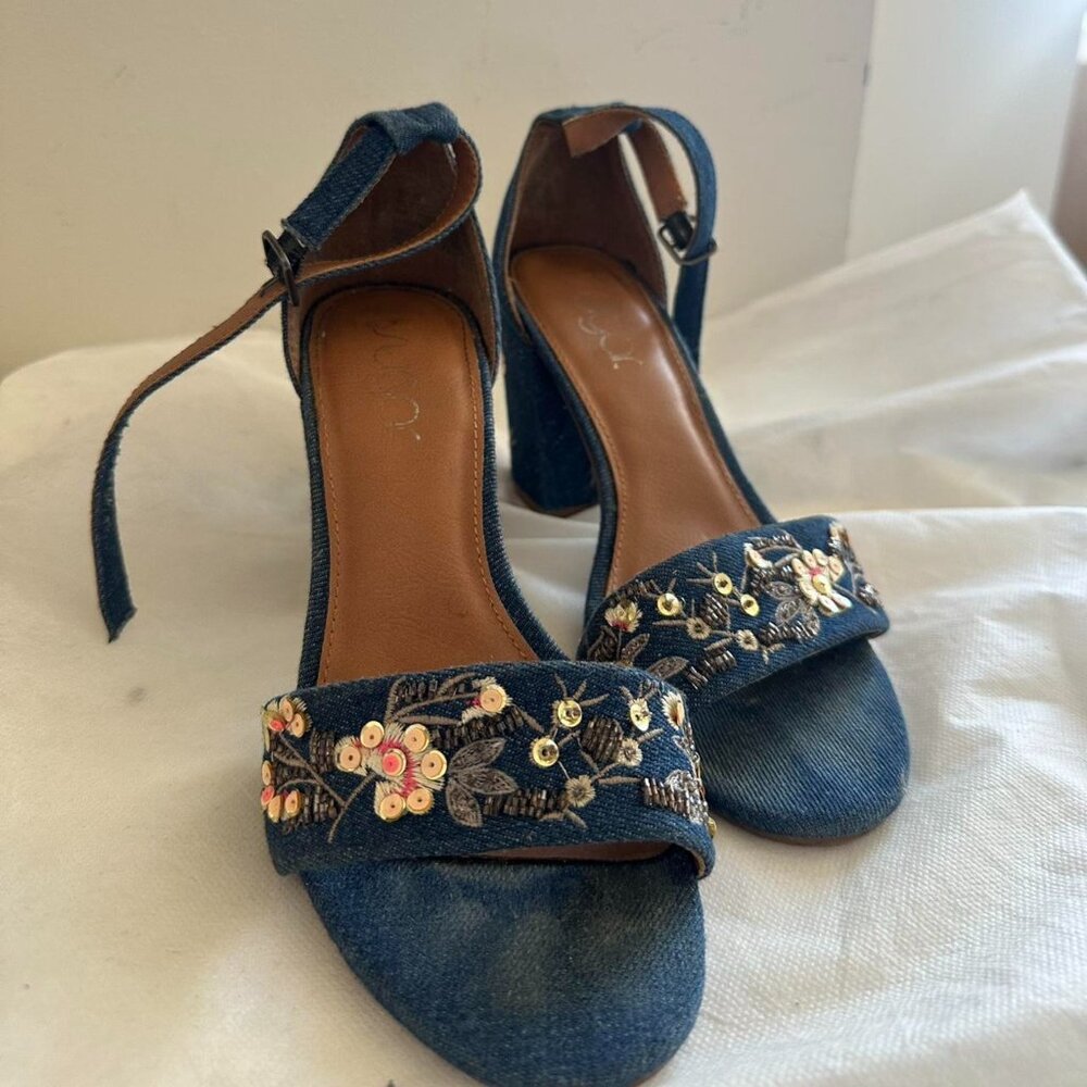 Blue denim block heel sandals with floral embroidery